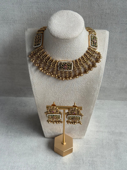 Ayura Designs Uma Set – Antique Gold Necklace & Earrings with Mint Green Enamel, Ruby Meenakari & Pearl Detailing