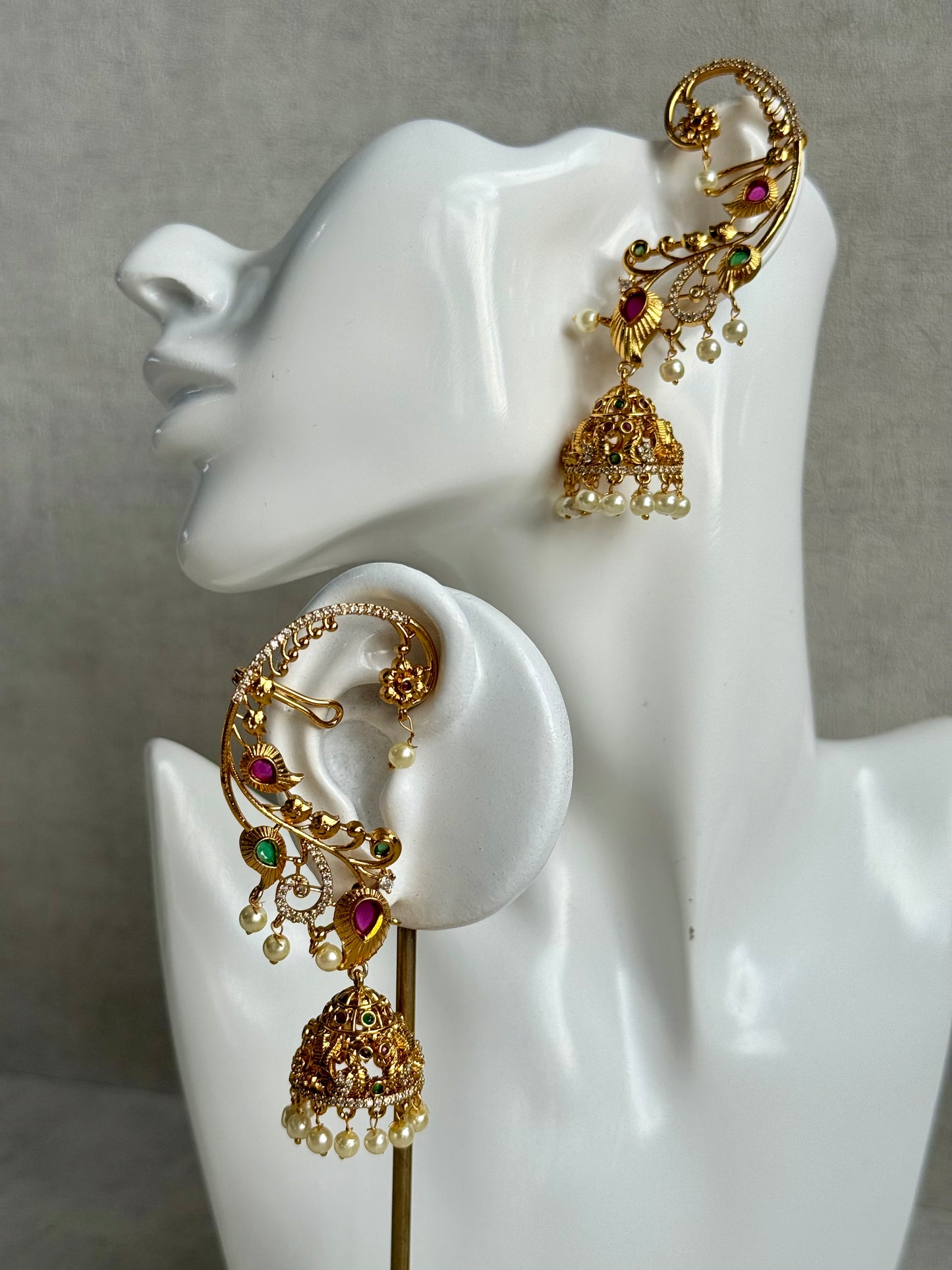Ayura Designs Nalini Jhumkis – Gold Half Ear Cuffs with Multicolour Stone Accents, Crystal Detailing & Pearl Jhumka Drops