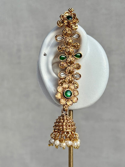Ayura Designs Keerti Jhumkis – Antique Gold Kannauti Earrings with Emerald Green Stones, Mirror-Cut Detailing & Pearl Drops