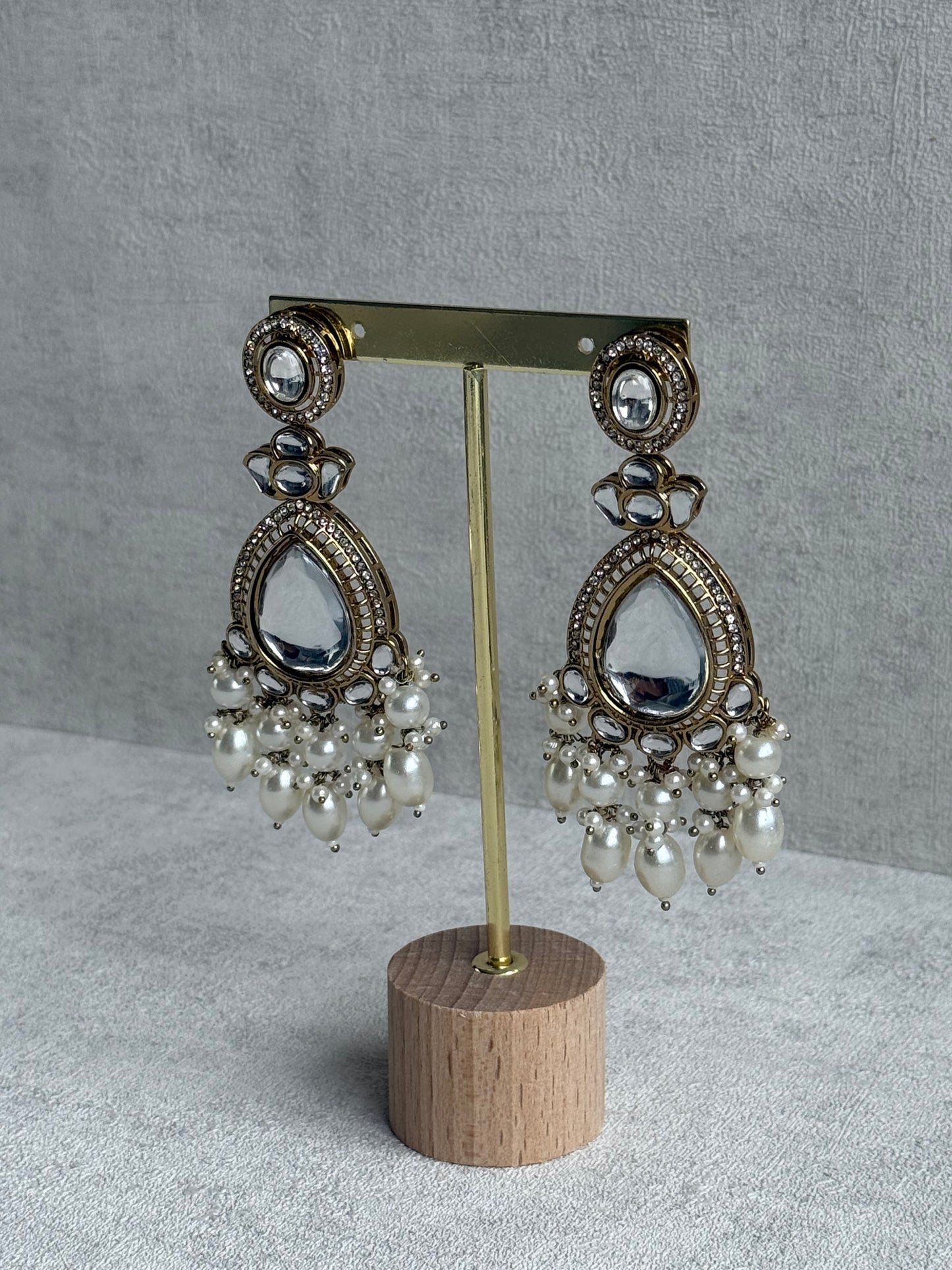 Ayura Designs Nageen Earrings – Antique Gold Jhumkis with Mirror-Cut Stones & Ivory Pearl Drops