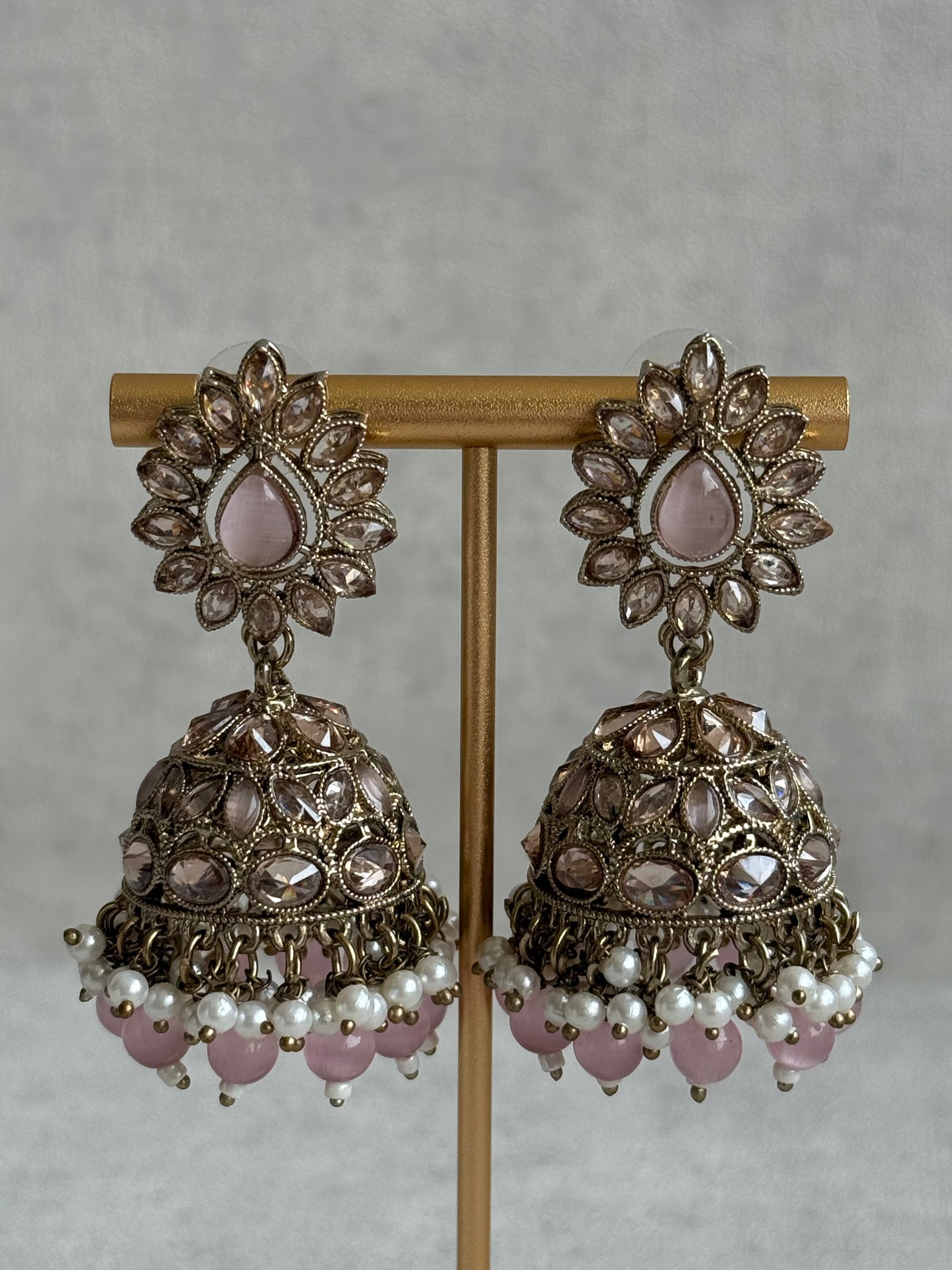 Ayura Designs Emaan Set – Necklace, Jhumkis & Tikka with Blush Pink Stones, Ivory Pearls & Champagne Gold Finish