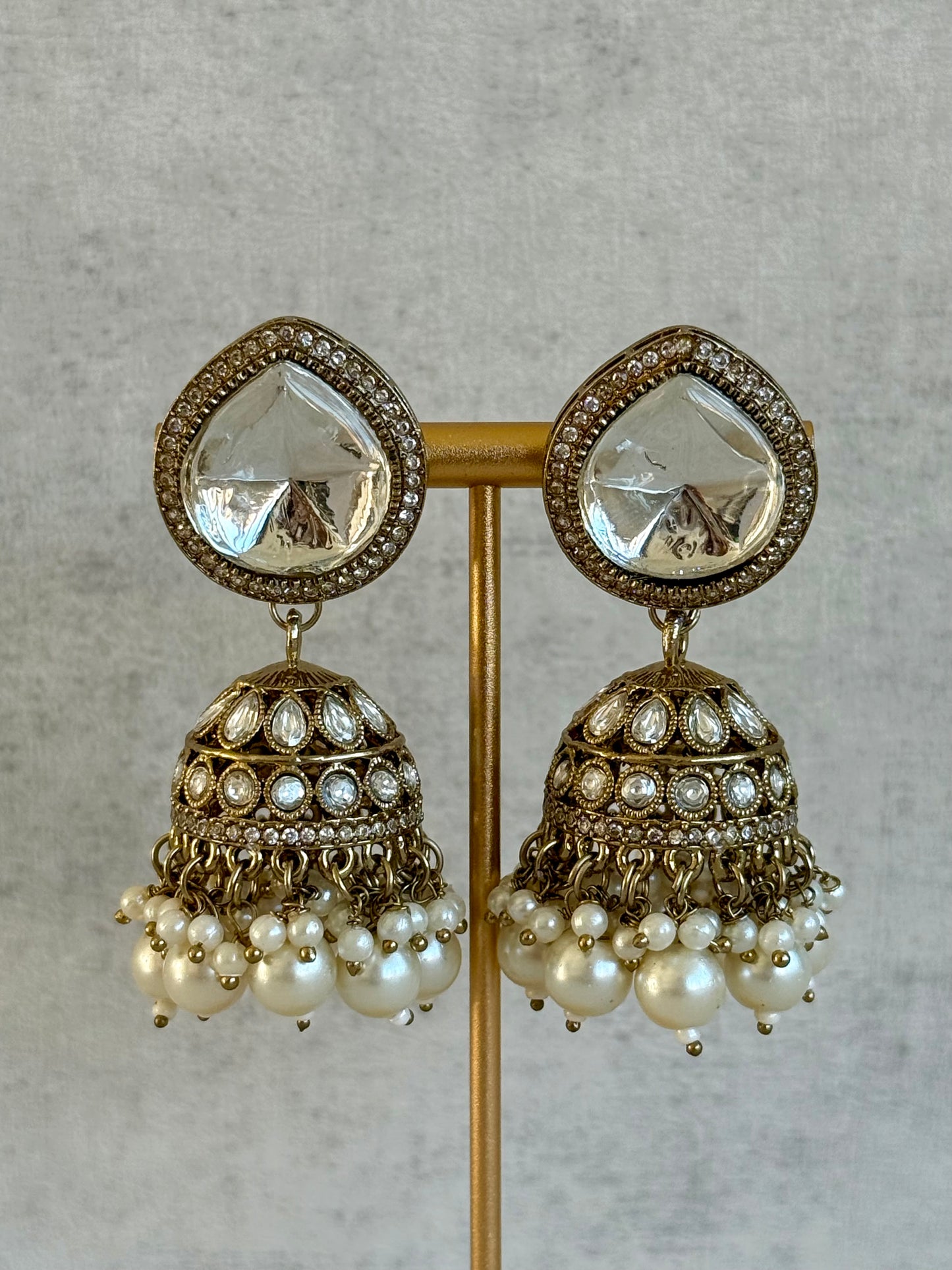 Ayura Designs Brielle Set – Necklace & Jhumkis with Mirror-Cut Stones & Ivory Pearls