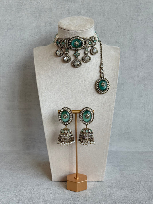 Ayura Designs Myra Choker Set with Jhumkis & Tikka – Mint Green Kundan & Pearl Detailing