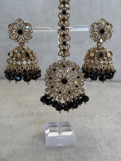 Ayura Designs Hookum Antique Gold Tikka Set – Elegant Earrings & Tikka with Black Bead Accents
