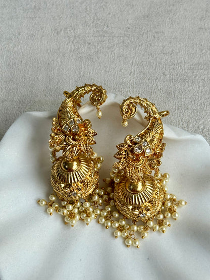 Ayura Designs Anika Jhumkis – Gold Half Ear Cuffs with Floral Motif, Kundan Crystals & Pearl Jhumka Drops