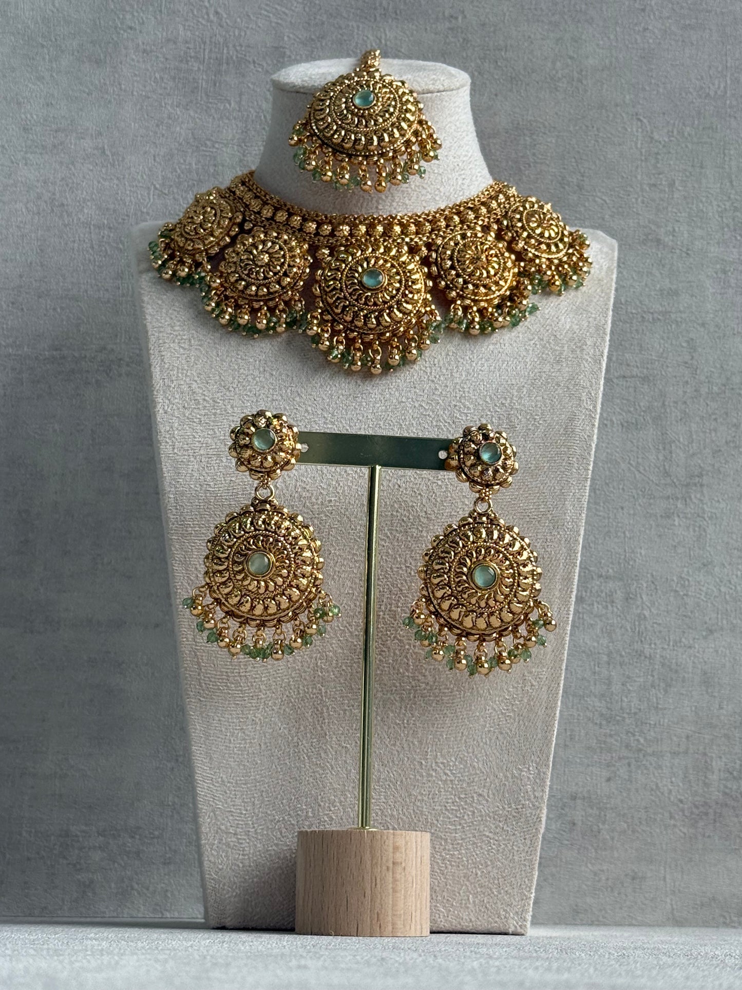 Ayura Designs Rummy Set – Statement Necklace, Earrings & Tikka with Pistachio Green Beads and Polished Gold Finish