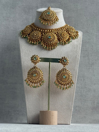 Ayura Designs Rummy Set – Statement Necklace, Earrings & Tikka with Pistachio Green Beads and Polished Gold Finish