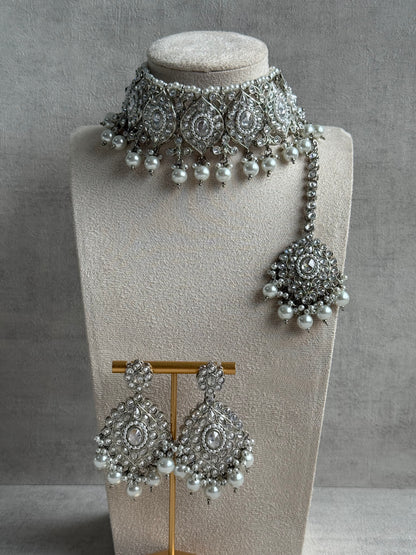 Ayura Designs Palki Set – Choker, Earrings & Tikka with Mirror-Cut Stones, Pearl Detailing & Silver Finish