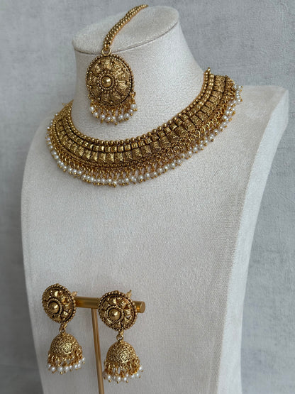Ayura Designs Iksirat Necklace Set with Jhumkis & Tikka – Gold Heritage Design with Pearl Detailing