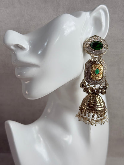 Ayura Designs Maara Jhumkis – Champagne Gold with Emerald Green Stones, Crystals, Ghungroos & Pearl Detailing