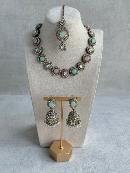 Ayura Designs Eira Necklace Set with Earrings & Tikka – Blush Pink, Mint Green & Crystal Stones with Antique Gold Finish