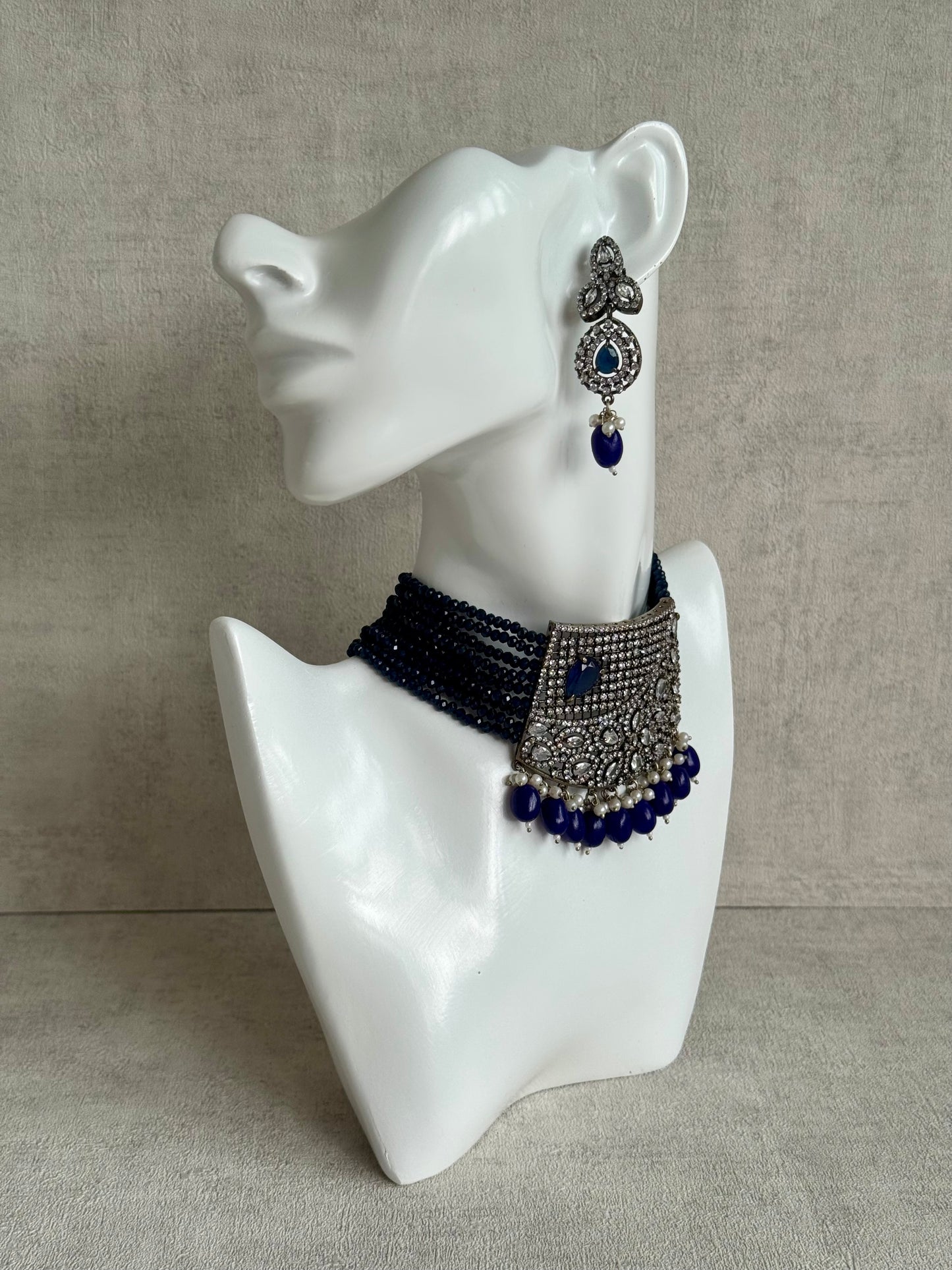 Ayura Designs Summer Choker Set with Earrings – Midnight Blue Beads & Oxidised Silver Finish