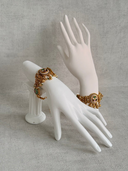 Ayura Designs Pravya Bracelet – Gold Bracelet with Mint, Pink & Green Stones & Ghungroo Detailing