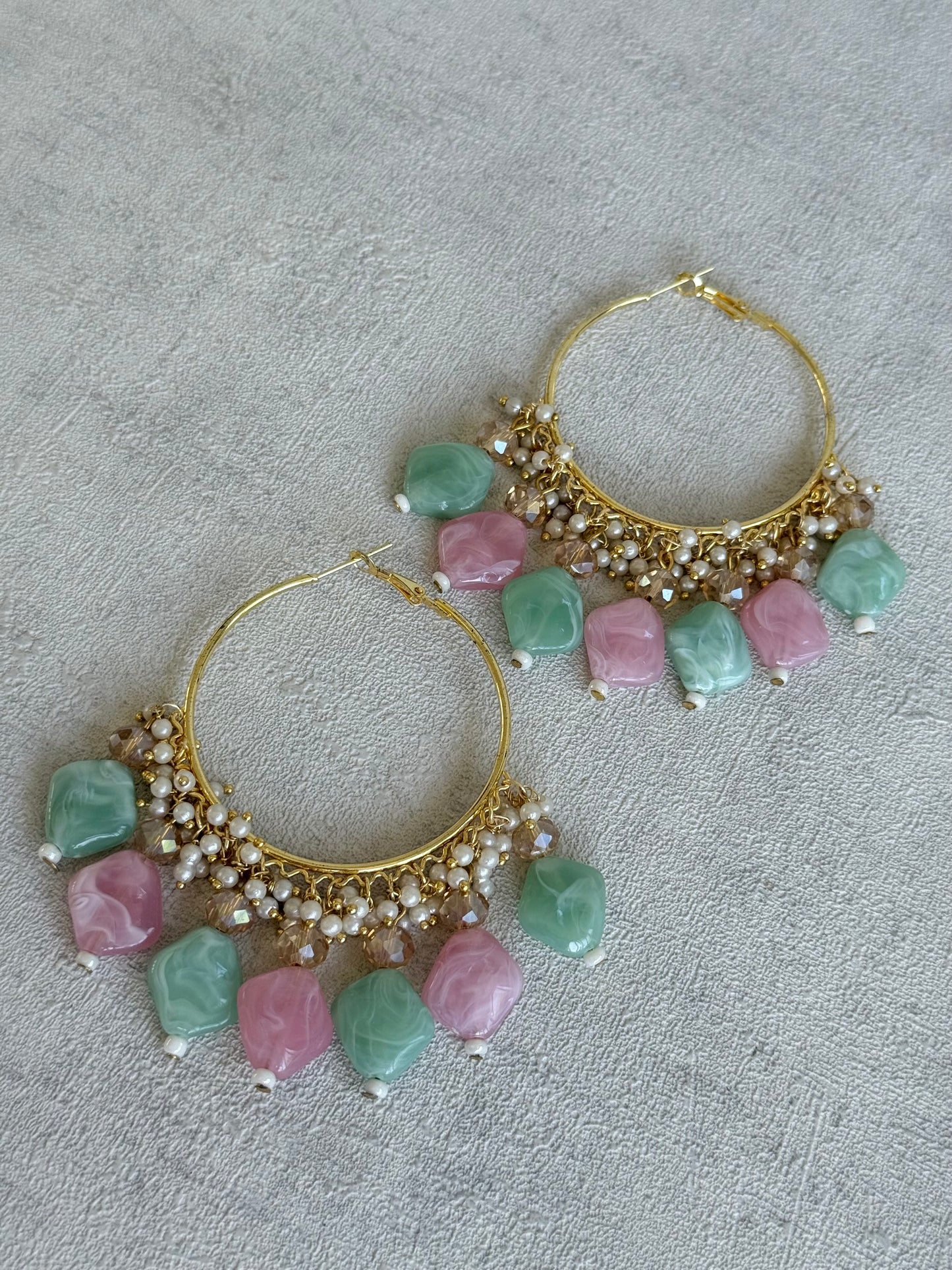 Ayura Designs Heer Balis – Gold Hoops with Mint & Blush Marble Beads, Pearls & Crystal Detailing