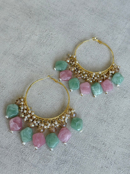 Ayura Designs Heer Balis – Gold Hoops with Mint & Blush Marble Beads, Pearls & Crystal Detailing