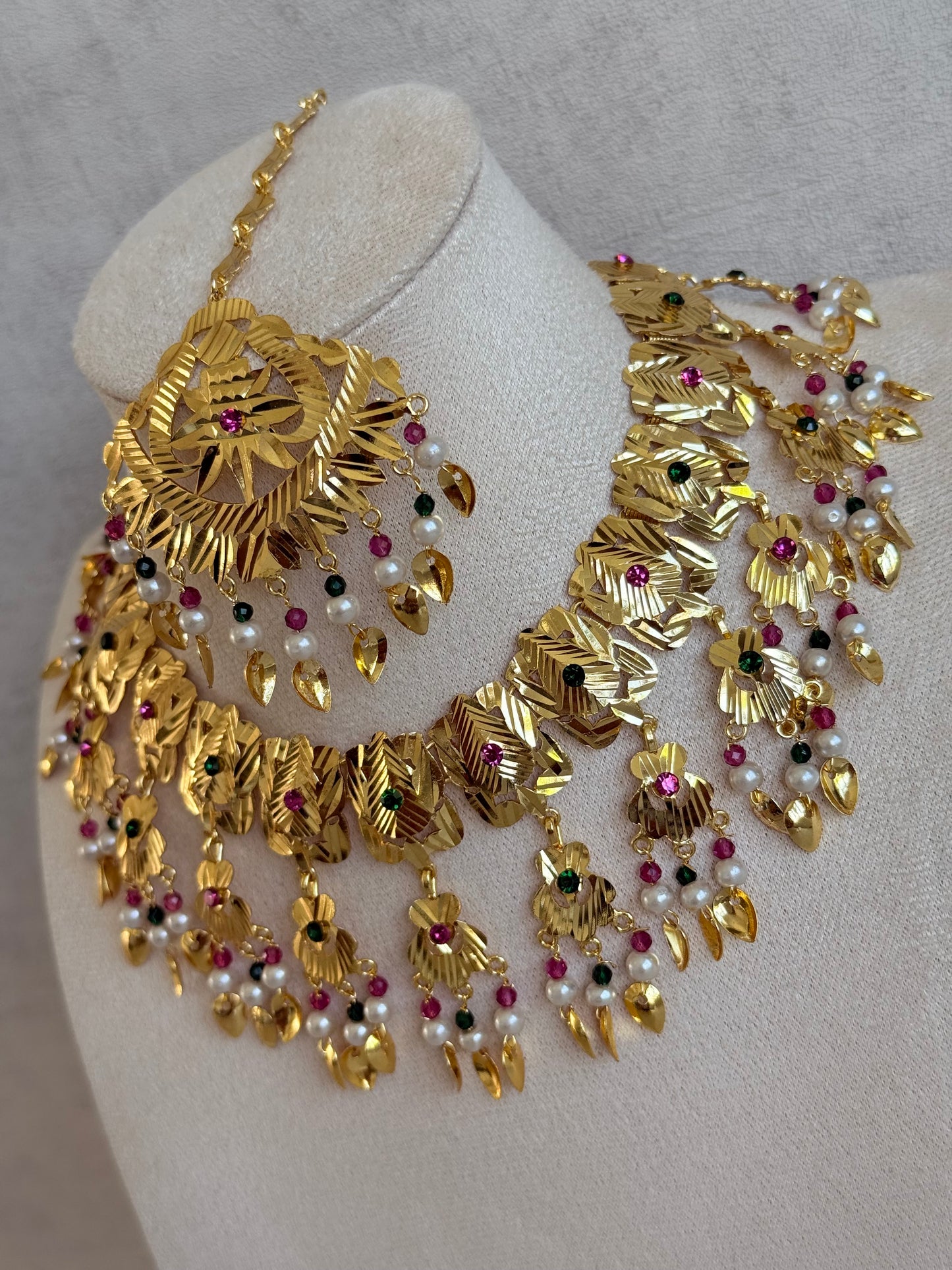 Ayura Designs Baisakhi Set with Earrings & Tikka – Gold Pipal Patti Design with Ruby Pink, Emerald Green & Pearl Detailing