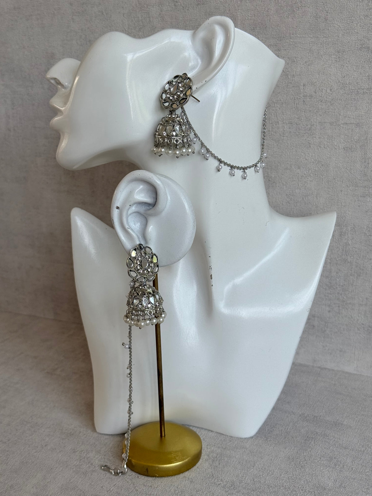 Ayura Designs Mira Jhumkis – Silver Mirror-Cut Earrings with Detachable Single-Layer Pearl Sahare