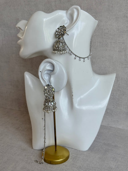 Ayura Designs Mira Jhumkis – Silver Mirror-Cut Earrings with Detachable Single-Layer Pearl Sahare