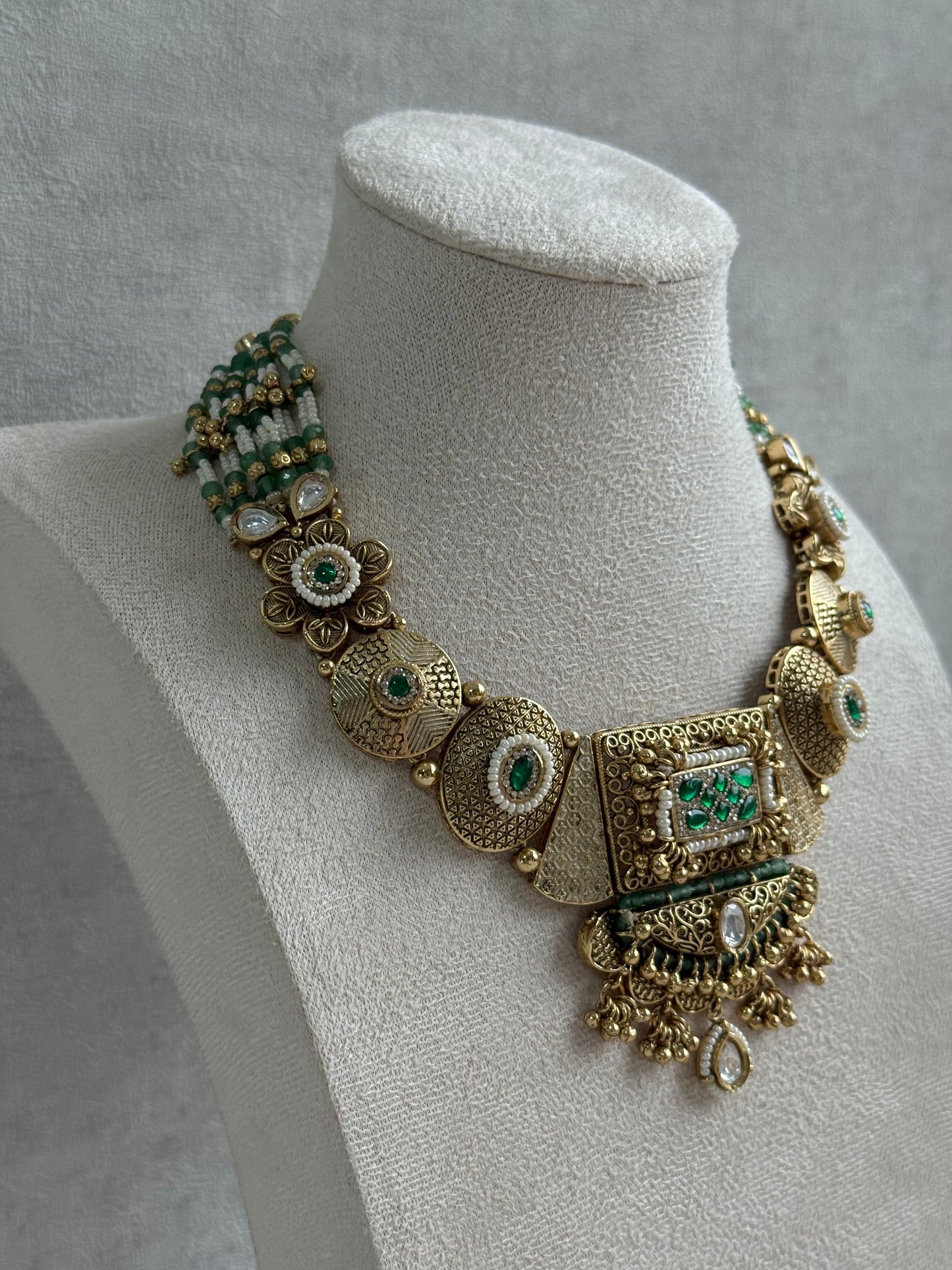 Ayura Designs Purvi Set – Necklace & Earrings with Antique Gold Filigree, Emerald & Pearl Detailing
