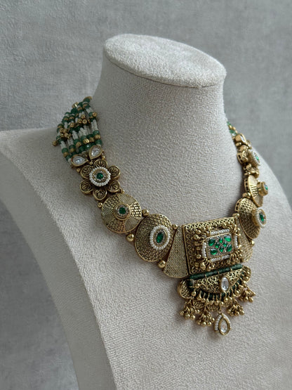 Ayura Designs Purvi Set – Necklace & Earrings with Antique Gold Filigree, Emerald & Pearl Detailing