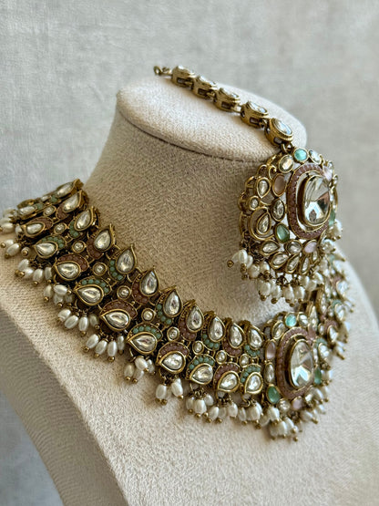 Ayura Designs Durriya Set with Earrings & Tikka – Antique Gold Finish, Mirror-Cut Stones & Pastel Pink, Mint & Ivory Enamel