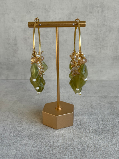 Ayura Designs Heer Balis – Gold Hoops with Olive Marble Beads, Pearls & Crystal Detailing