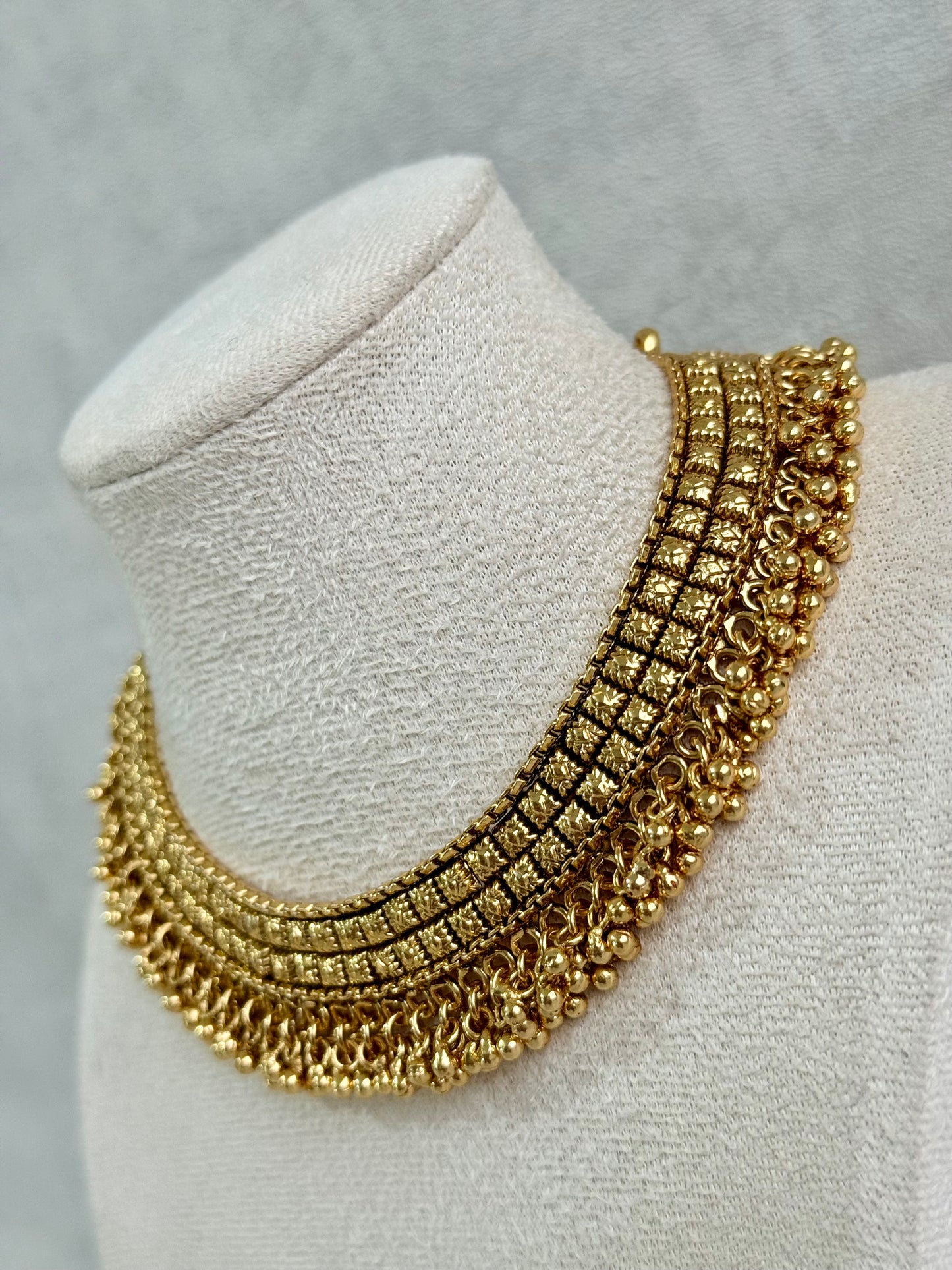 Ayura Designs Ranya Set – Antique Gold Necklace with Stud Earrings & Ghungroo Detailing