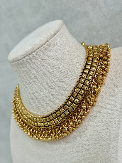 Ayura Designs Ranya Set – Antique Gold Necklace with Stud Earrings & Ghungroo Detailing