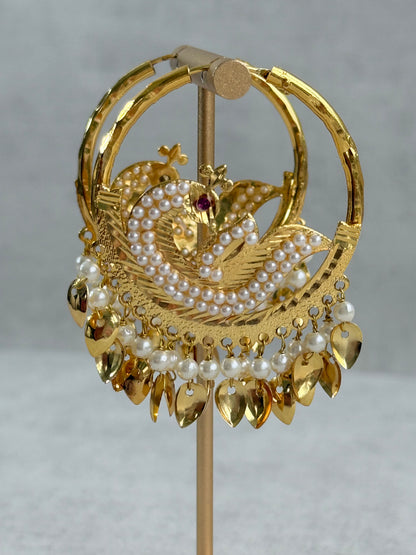 Ayura Designs Hansi Balis – Peacock Design with Pearl & Pippal Patti Detailing in Gold Finish