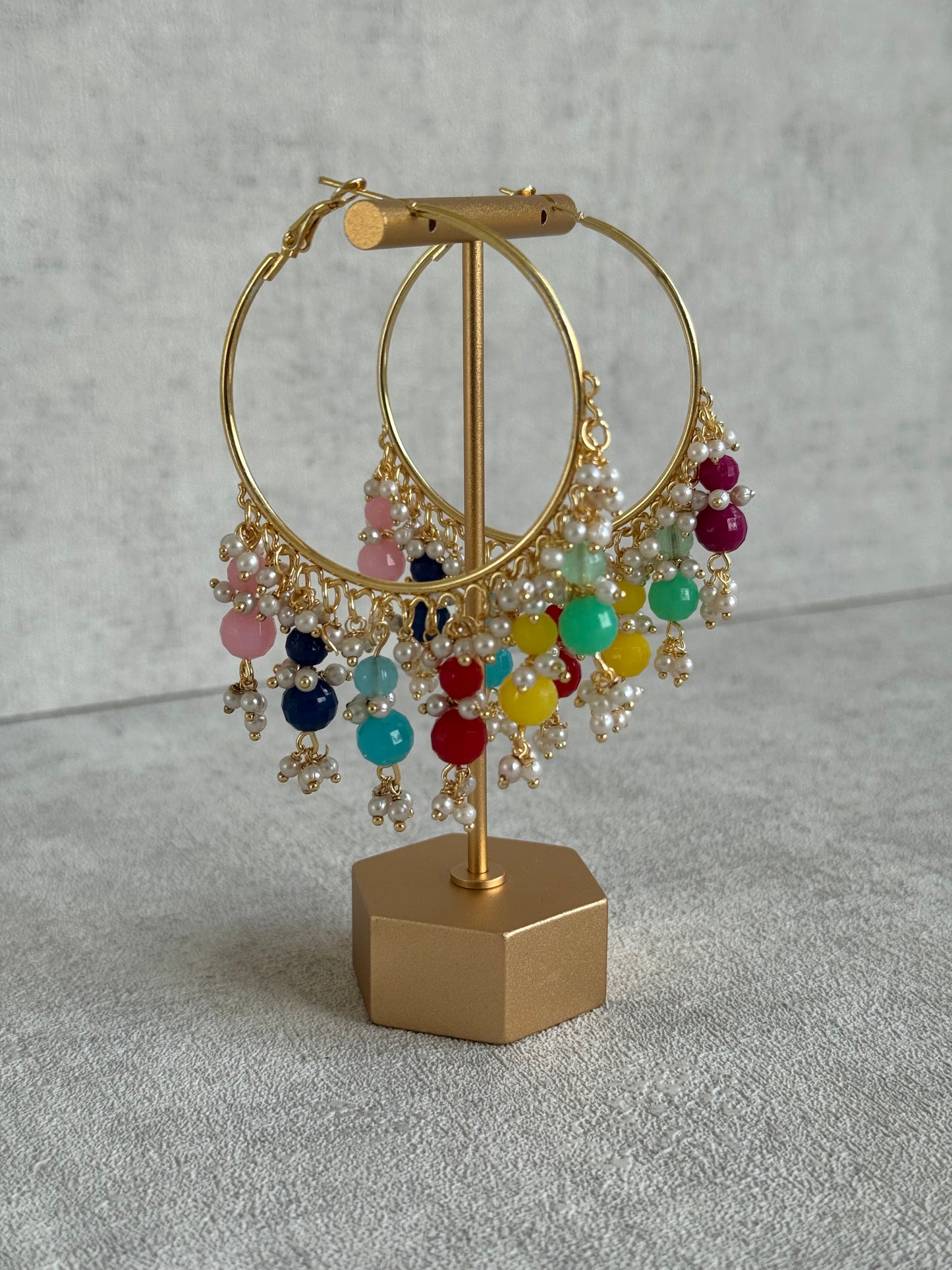 Ayura Designs Bijli Balis – Multicolour Beads, Pearl Clusters, Gold-Tone Hoop Earrings