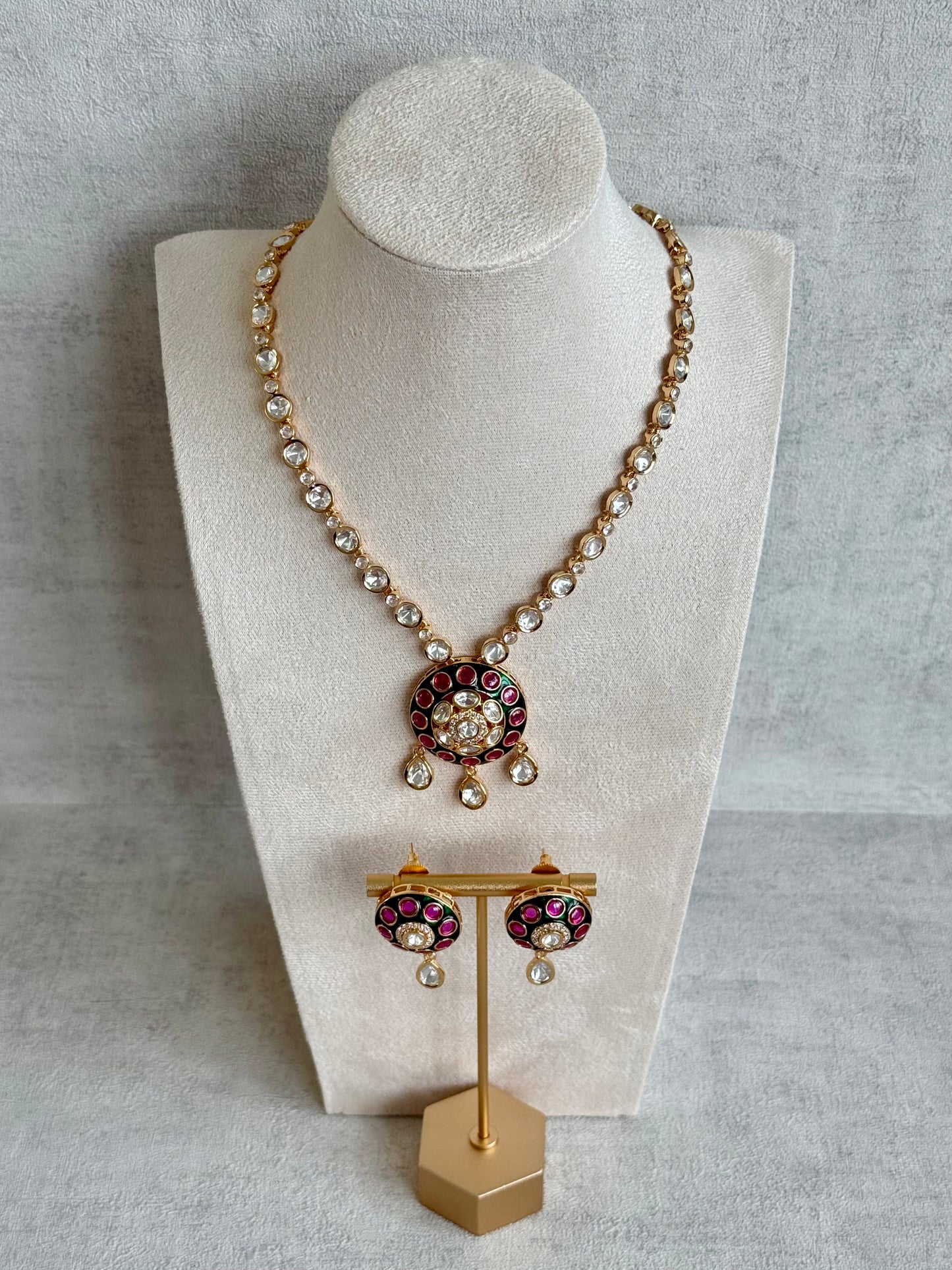 Ayura Designs Jiya Set with Earrings – Round Motif, Pink & Green Meenakari with Crystal Detailing