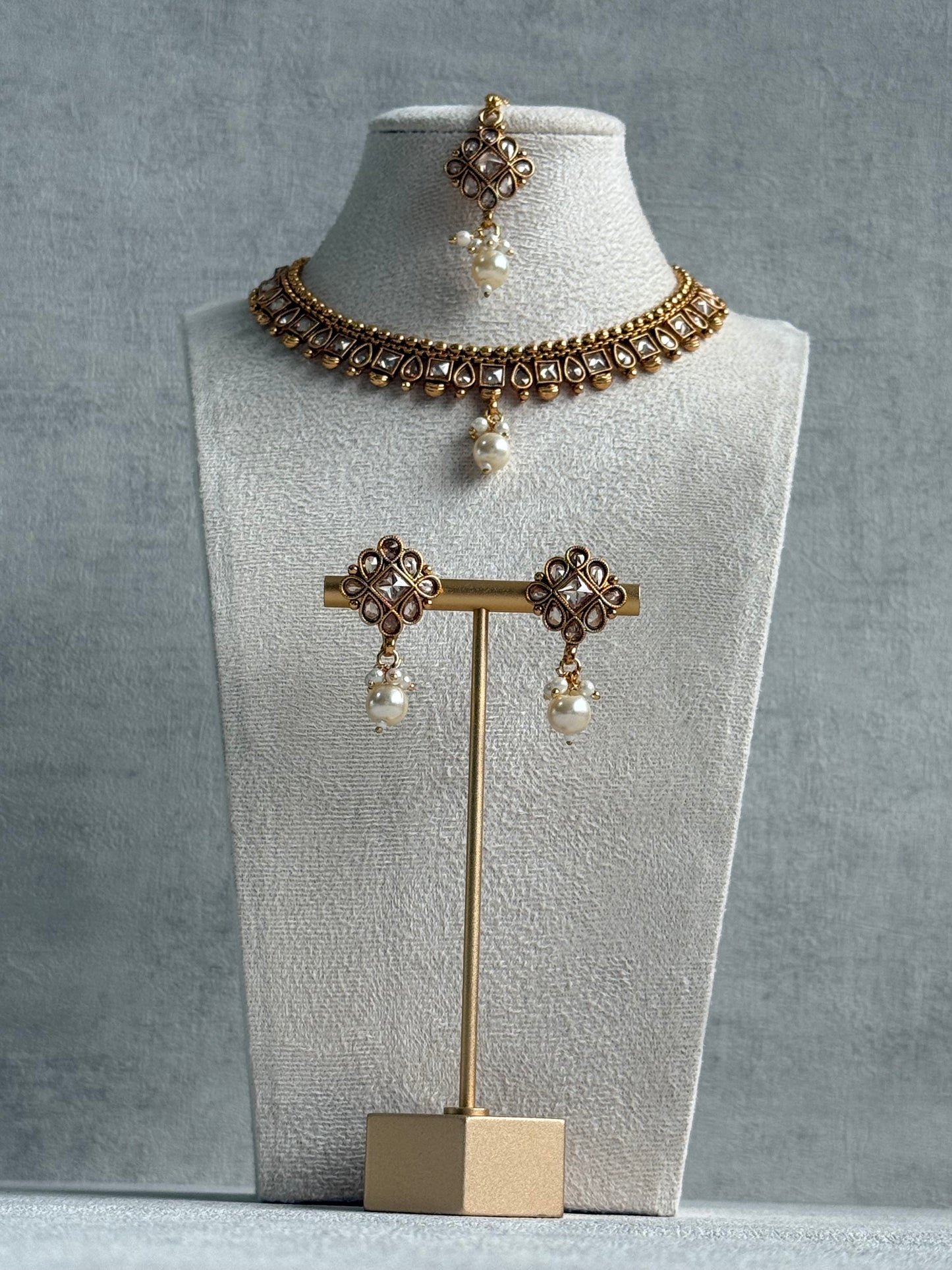 Ayura Designs Hima Set – Necklace, Earrings & Tikka with Mirror-Cut Stones, Pearl Drops & Polished Gold Finish