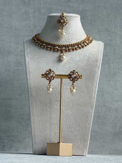Ayura Designs Hima Set – Necklace, Earrings & Tikka with Mirror-Cut Stones, Pearl Drops & Polished Gold Finish