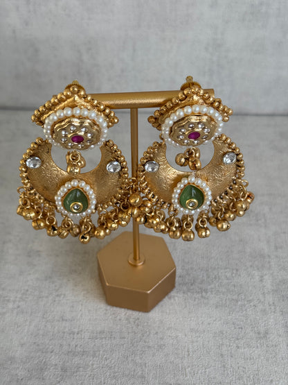 Ayura Designs Naaz Earrings – Antique Gold Jhumkas with Green Teardrop Stone, Pearl Embellishments & Ghungroo Detailing