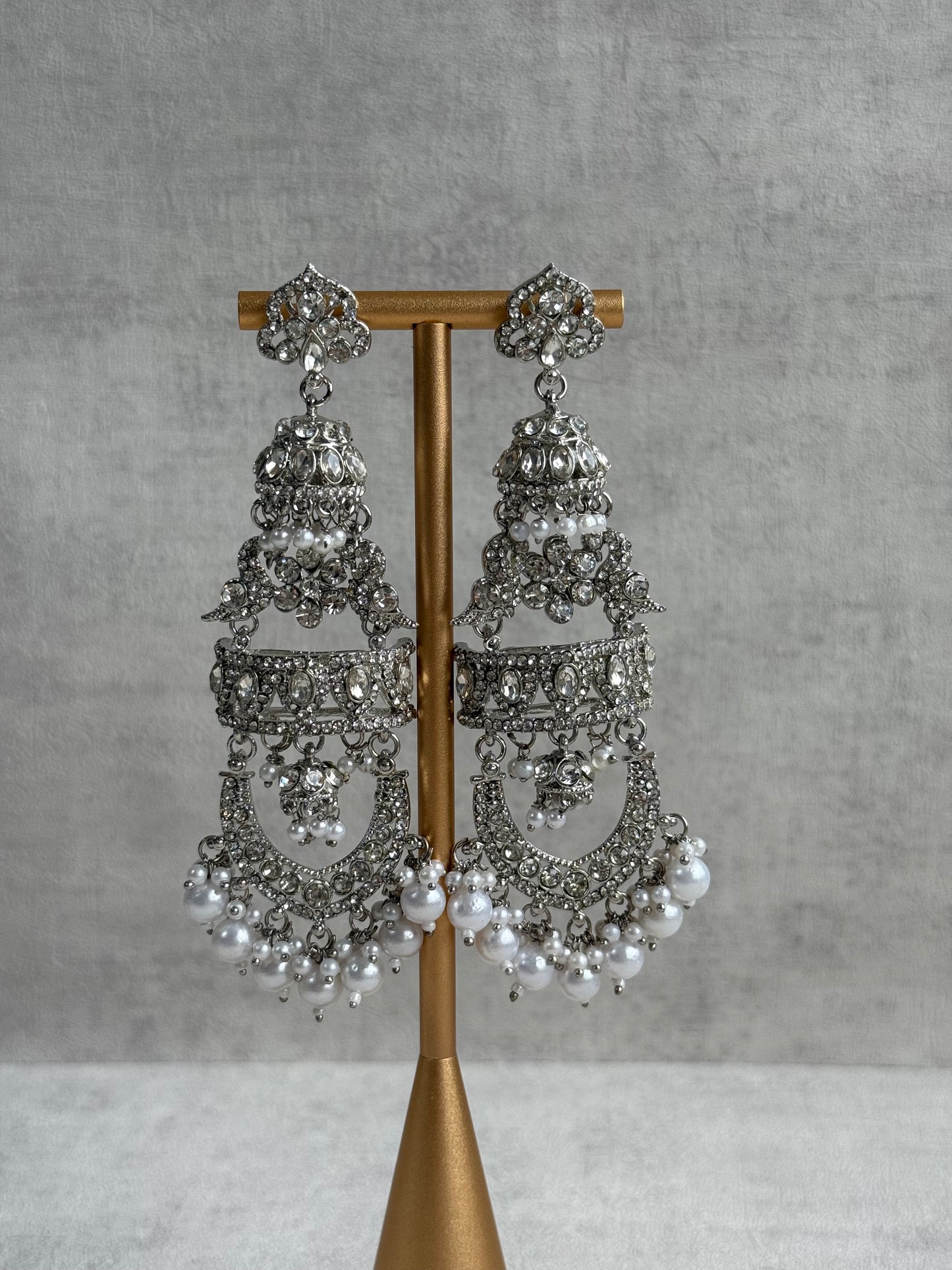 Ayura Designs Giselle Earrings – Silver Finish Chandbali Jhumkas with Mirror-Cut Stones & Pearl Drops
