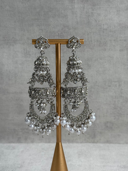 Ayura Designs Giselle Earrings – Silver Finish Chandbali Jhumkas with Mirror-Cut Stones & Pearl Drops