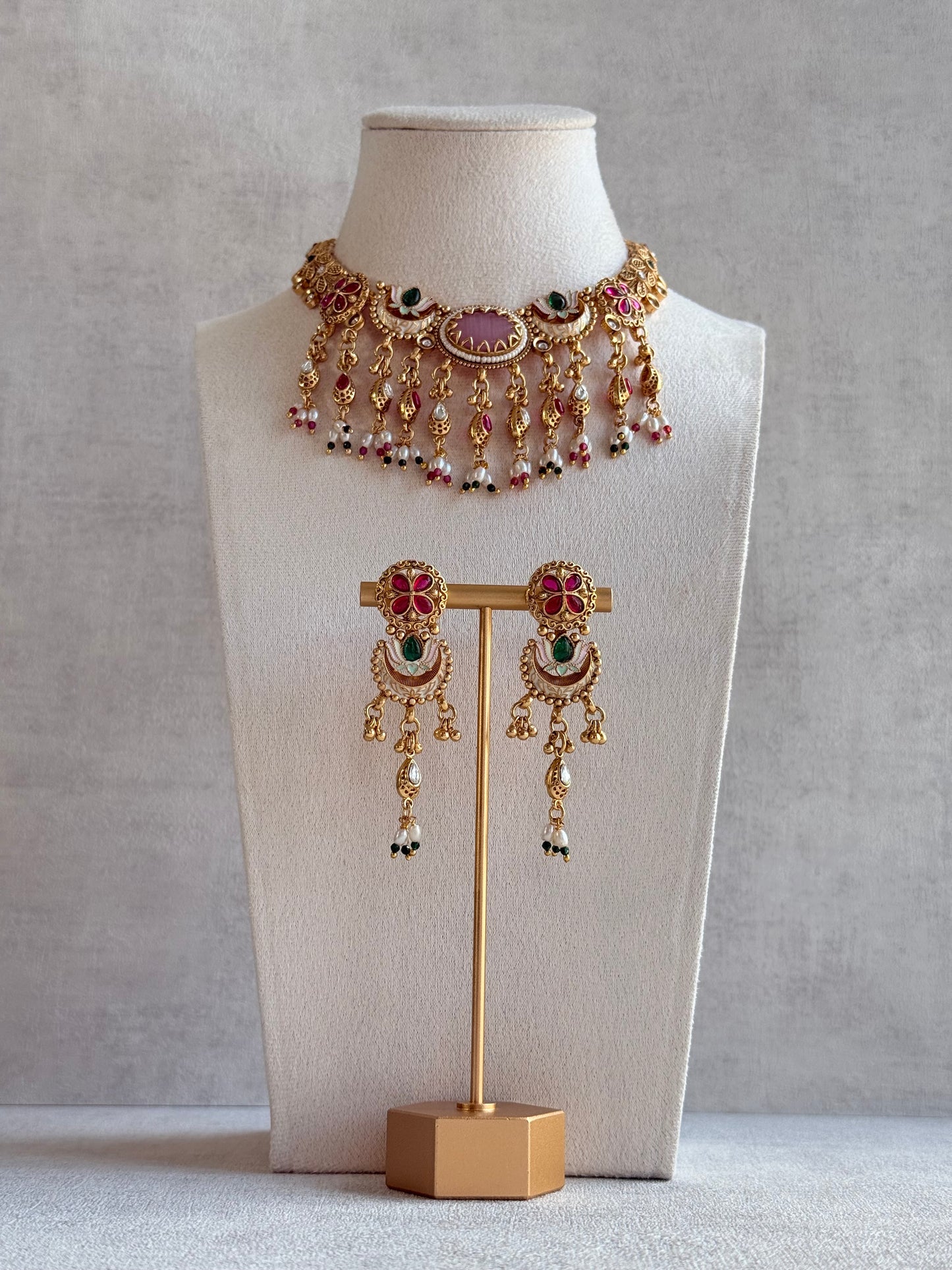 Ayura Designs Aavya Necklace Set – Blush Pink & Emerald Green Kundan Meenakari Design