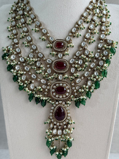 Ayura Designs Sahra Bridal Set with Earrings & Tikka – Ruby Red, Emerald Green, Kundan Stones & Pearls in Antique Gold Finish