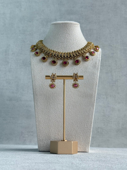 Ayura Designs Elisha Necklace Set with Earrings – Rani Pink & Crystal Stone Detailing