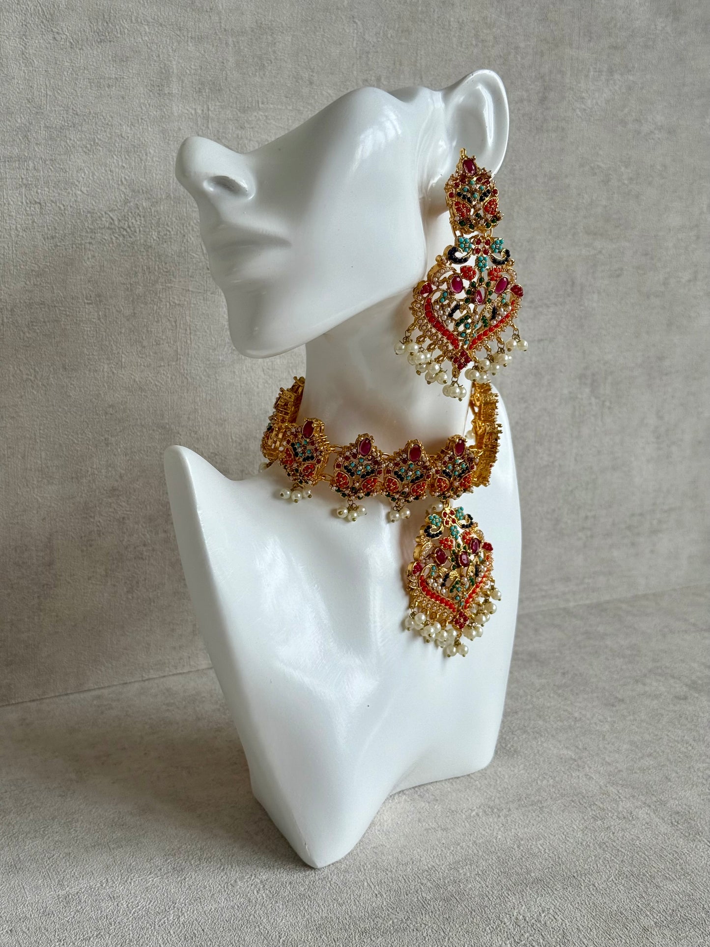 Ayura Designs Itrat Set with Choker, Earrings & Tikka – Antique Gold with Multicolour Stones & Pearl Detailing