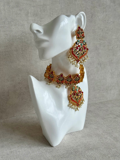 Ayura Designs Itrat Set with Choker, Earrings & Tikka – Antique Gold with Multicolour Stones & Pearl Detailing
