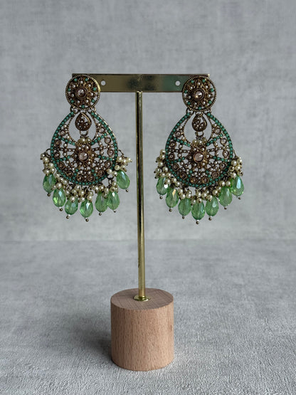 Ayura Designs Gaya Tikka Set with Earrings, Tikka & Sahara – Antique Gold with Pistachio Green Beads, Pearls & Mirror-Cut Stones