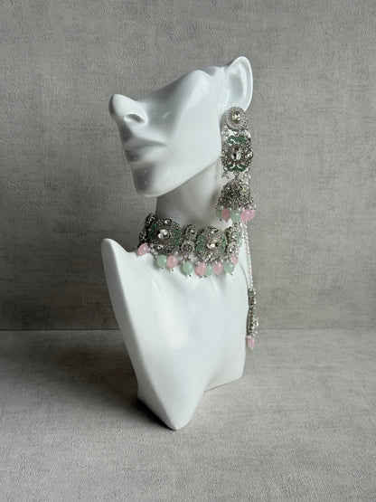 Ayura Designs Uzairah Set with Tikka & Sahare Jhumkis – Pastel Mint & Blush Beads with Pearl Strands & Mirror-Cut Detailing