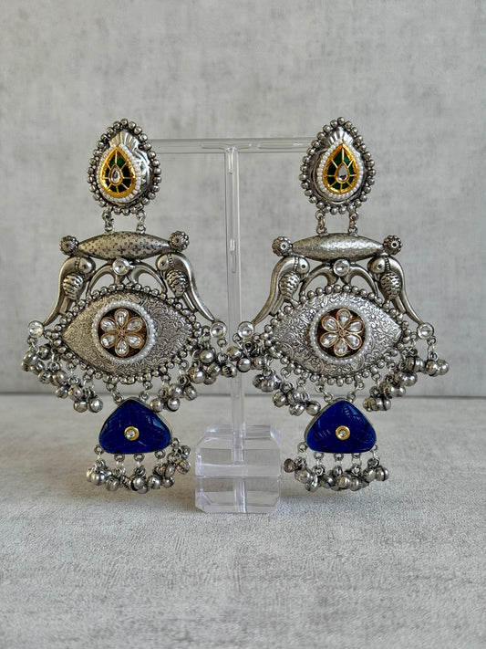 Ayura Designs Haniya Earrings – Oxidised Silver with Enamelled Green Studs, Floral Motifs & Cobalt Blue Drops