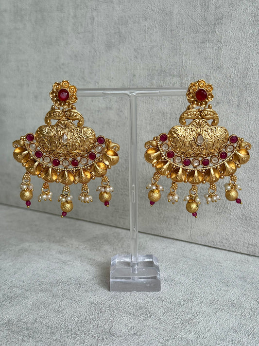 Ayura Designs Neera Earrings in Antique Gold with Red Glass Stones, Mirror-Cut Polki & Pearls