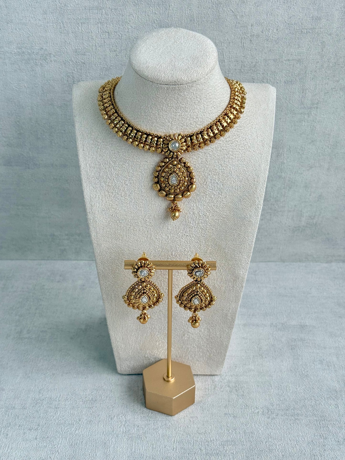 Ayura Designs Ayma Necklace Set with Earrings – Antique Gold Finish with All-Crystal Detailing