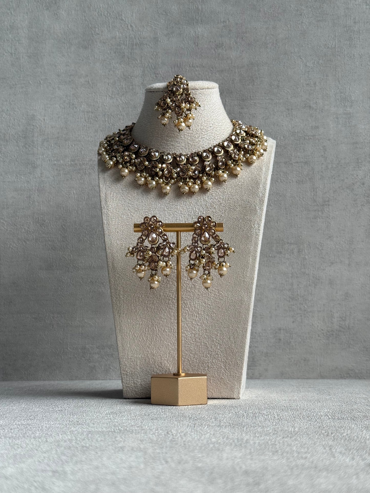 Ayura Designs Rameen Set – Necklace, Earrings & Tikka with Champagne Stones, Ivory Pearls & Antique Gold Finish
