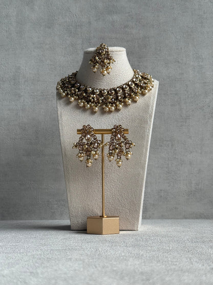 Ayura Designs Rameen Set – Necklace, Earrings & Tikka with Champagne Stones, Ivory Pearls & Antique Gold Finish