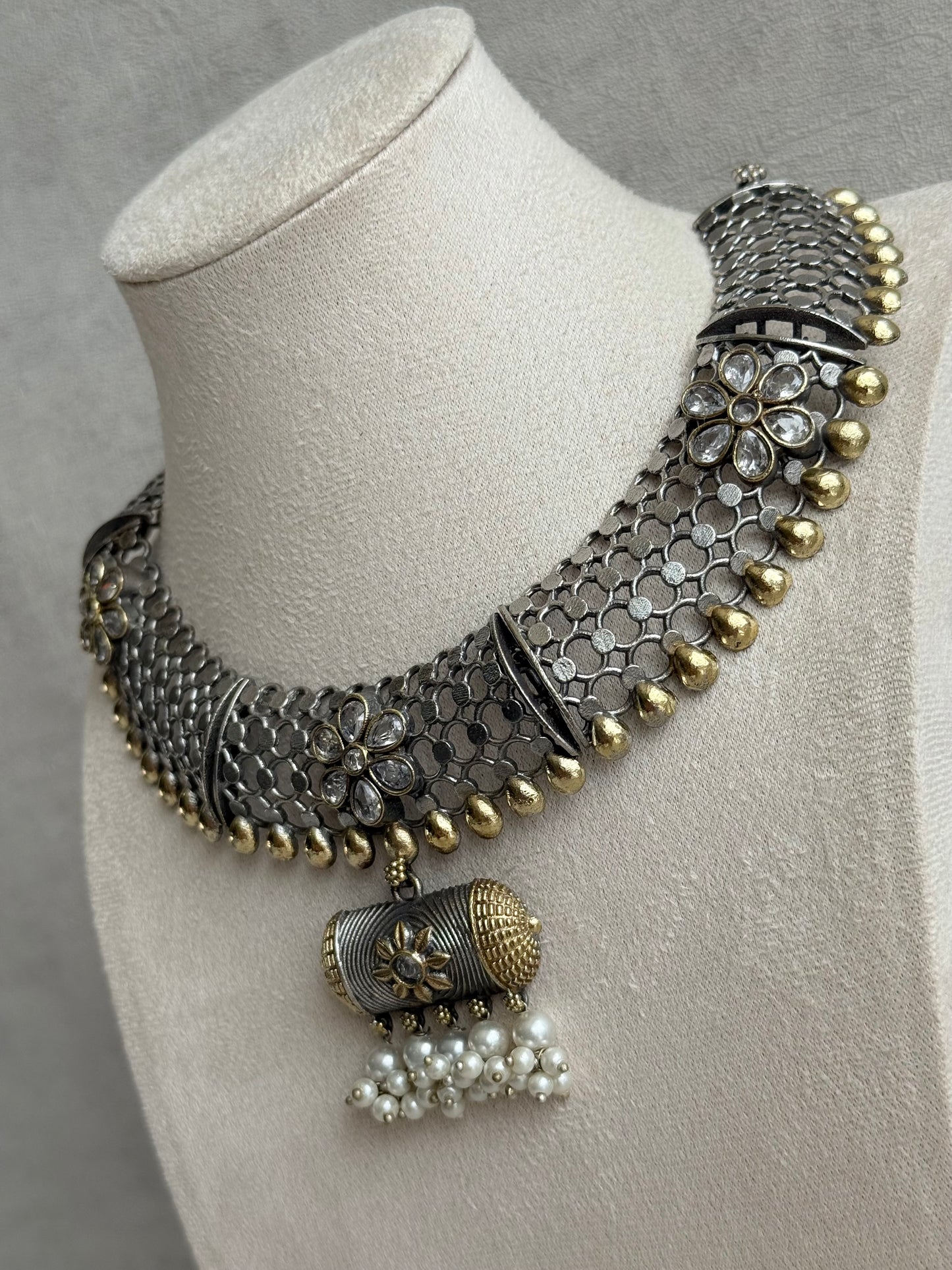 Ayura Designs Taal Necklace Set with Earrings & Tikka – Dual Tone Oxidised Mesh Necklace with Barrel Motifs & Pearl Detailing