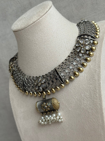 Ayura Designs Taal Necklace Set with Earrings & Tikka – Dual Tone Oxidised Mesh Necklace with Barrel Motifs & Pearl Detailing